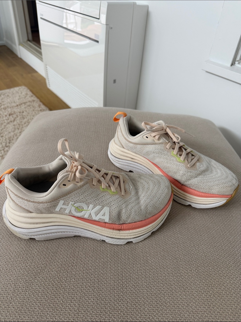 Hoka Gaviota 5 Women's Beige Sneakers with Coral and Lime Highlights